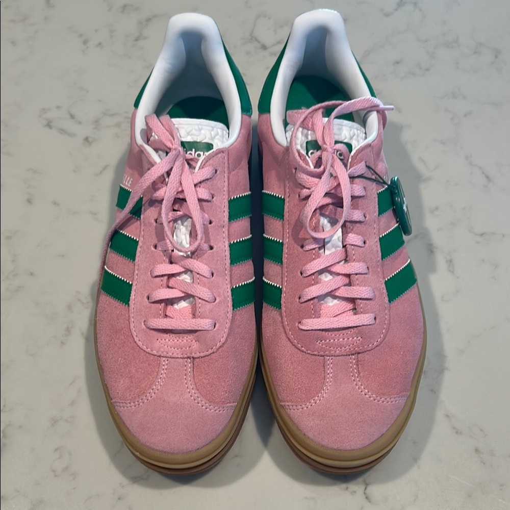 Adidas Gazelle Pink Suede Sneakers with Green Stripes